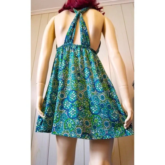 Vintage 90s Groovy Floral Print Babydoll Coquette Halter Mini Dress - Picture 3 of 7